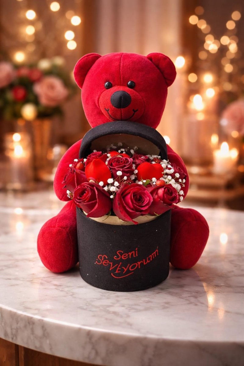 Peluş Ayıcık kutuda 11 kırmızı gül